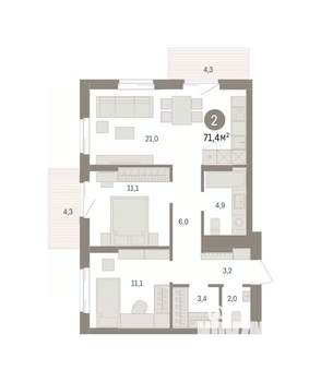 2-к квартира, вторичка, 71м2, 11/14 этаж