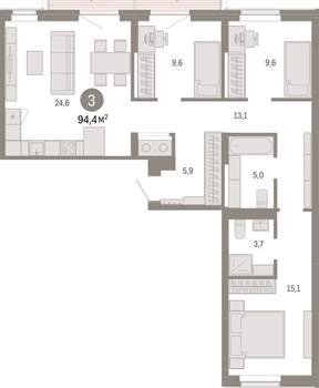 3-к квартира, вторичка, 94м2, 3/9 этаж