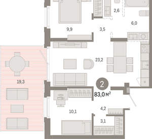 2-к квартира, вторичка, 83м2, 1/9 этаж