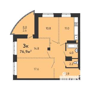 3-к квартира, строящийся дом, 74м2, 2/16 этаж