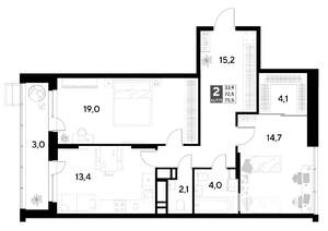 2-к квартира, строящийся дом, 76м2, 19/21 этаж