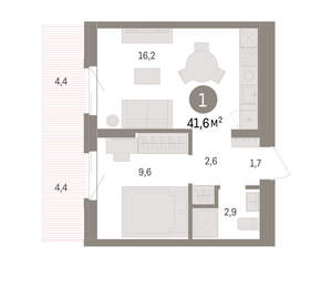 1-к квартира, вторичка, 42м2, 6/14 этаж