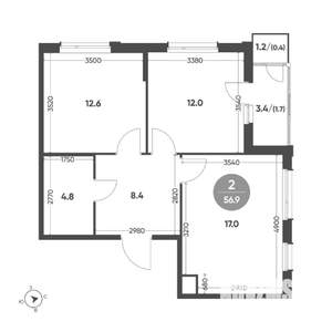 2-к квартира, вторичка, 57м2, 2/3 этаж
