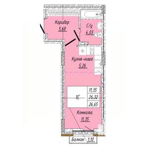 1-к квартира, строящийся дом, 27м2, 2/8 этаж