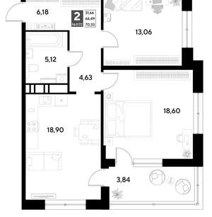2-к квартира, строящийся дом, 70м2, 11/21 этаж