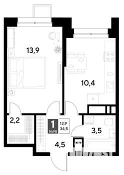 1-к квартира, строящийся дом, 35м2, 9/21 этаж