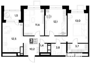 3-к квартира, строящийся дом, 70м2, 18/21 этаж