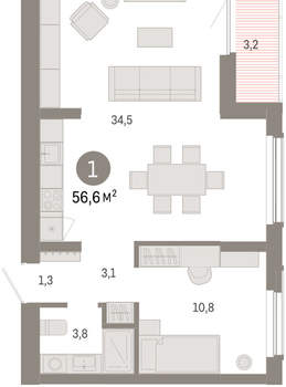 1-к квартира, вторичка, 57м2, 5/16 этаж