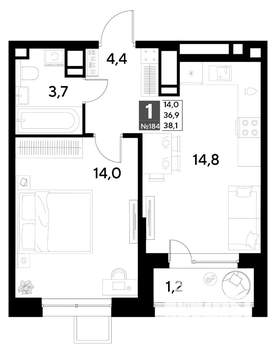 1-к квартира, строящийся дом, 38м2, 16/21 этаж