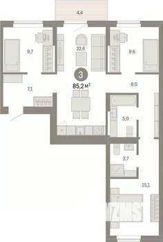 3-к квартира, вторичка, 85м2, 5/9 этаж