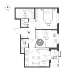 2-к квартира, вторичка, 58м2, 10/14 этаж