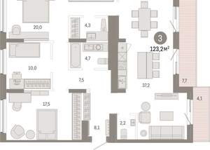 3-к квартира, вторичка, 123м2, 7/9 этаж