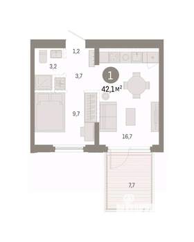 1-к квартира, вторичка, 42м2, 2/16 этаж