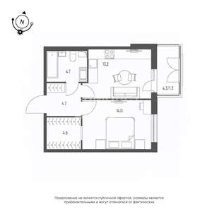 1-к квартира, вторичка, 43м2, 9/9 этаж