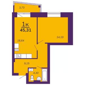 1-к квартира, строящийся дом, 45м2, 8/9 этаж