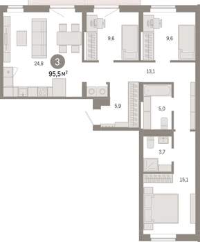 3-к квартира, вторичка, 96м2, 5/9 этаж