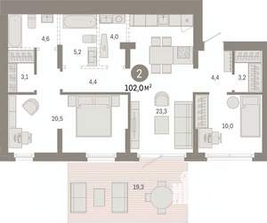 2-к квартира, вторичка, 102м2, 1/7 этаж