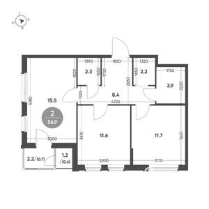 2-к квартира, вторичка, 57м2, 2/3 этаж