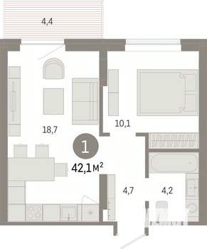 1-к квартира, вторичка, 42м2, 4/7 этаж