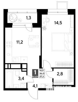 1-к квартира, строящийся дом, 37м2, 9/21 этаж