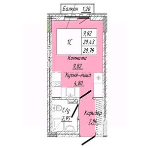1-к квартира, строящийся дом, 21м2, 2/8 этаж
