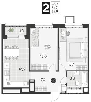 2-к квартира, строящийся дом, 53м2, 12/21 этаж