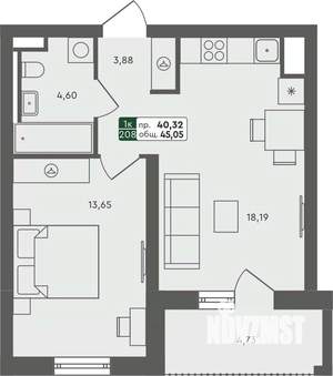 1-к квартира, строящийся дом, 45м2, 6/7 этаж