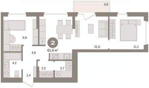 2-к квартира, вторичка, 62м2, 5/16 этаж