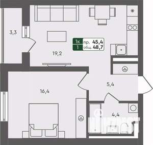 1-к квартира, строящийся дом, 49м2, 3/4 этаж