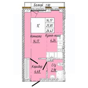1-к квартира, строящийся дом, 26м2, 3/8 этаж