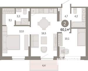 2-к квартира, вторичка, 60м2, 5/17 этаж
