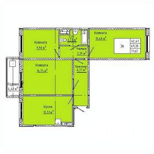 3-к квартира, строящийся дом, 72м2, 4/10 этаж