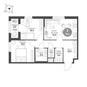 2-к квартира, строящийся дом, 55м2, 6/12 этаж
