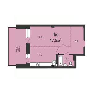 1-к квартира, строящийся дом, 43м2, 3/16 этаж