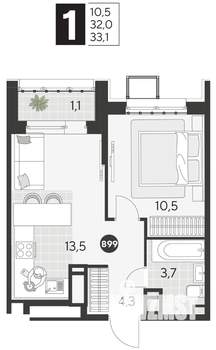 1-к квартира, строящийся дом, 33м2, 8/21 этаж