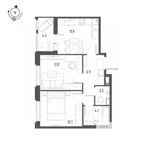 2-к квартира, строящийся дом, 50м2, 5/12 этаж