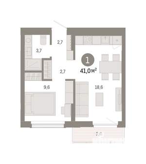 1-к квартира, вторичка, 41м2, 3/8 этаж