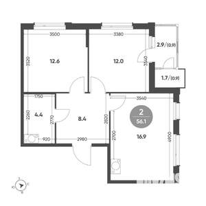 2-к квартира, вторичка, 56м2, 7/8 этаж