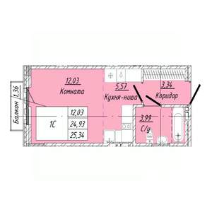 1-к квартира, строящийся дом, 25м2, 4/8 этаж