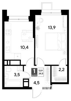 1-к квартира, строящийся дом, 35м2, 9/21 этаж