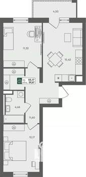 2-к квартира, строящийся дом, 60м2, 2/7 этаж