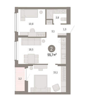 2-к квартира, вторичка, 56м2, 7/16 этаж