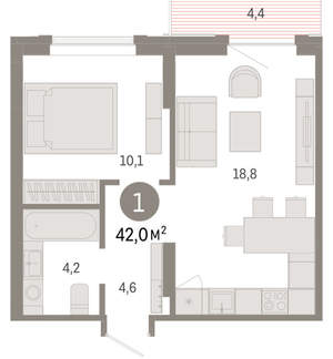 1-к квартира, вторичка, 42м2, 7/9 этаж