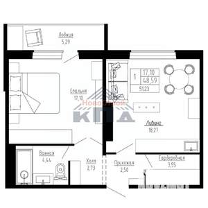 1-к квартира, вторичка, 51м2, 12/16 этаж