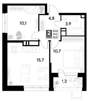 2-к квартира, строящийся дом, 47м2, 13/21 этаж