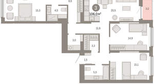3-к квартира, вторичка, 106м2, 3/16 этаж