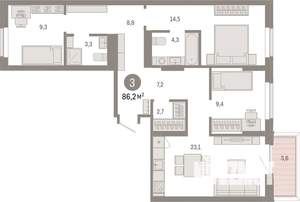3-к квартира, вторичка, 86м2, 3/9 этаж