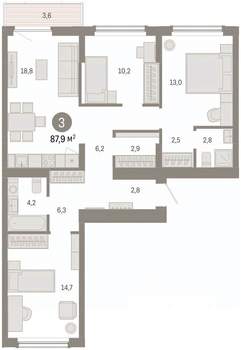 3-к квартира, вторичка, 88м2, 5/16 этаж