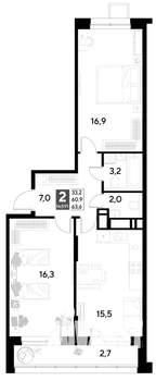 2-к квартира, строящийся дом, 64м2, 18/21 этаж