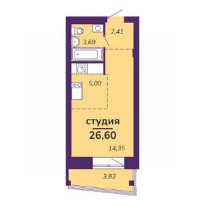 Студия квартира, строящийся дом, 27м2, 8/9 этаж